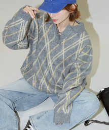 PUBLUX/パブリュクス チェック柄 モヘアタッチ スキッパーニット 限定展開