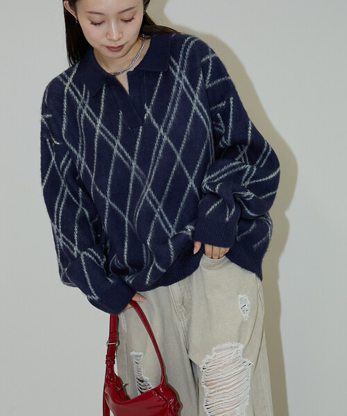 PUBLUX(パブリュクス)の「PUBLUX/パブリュクス チェック柄 モヘアタッチ スキッパーニット 限定展開(ニット/セーター・レディース・ブラウン/ネイビー/グレー・フリ-)」の4枚目の写真