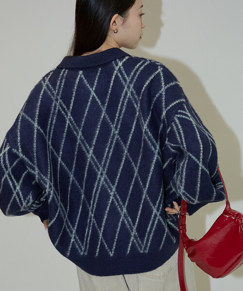 PUBLUX(パブリュクス)の「PUBLUX/パブリュクス チェック柄 モヘアタッチ スキッパーニット 限定展開(ニット/セーター・レディース・ブラウン/ネイビー/グレー・フリ-)」の5枚目の写真