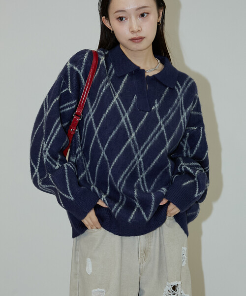 PUBLUX(パブリュクス)の「PUBLUX/パブリュクス チェック柄 モヘアタッチ スキッパーニット 限定展開(ニット/セーター・レディース・ブラウン/ネイビー/グレー・フリ-)」の6枚目の写真