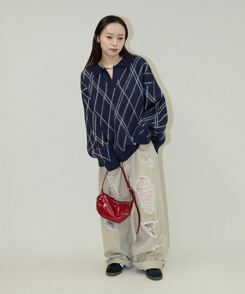 PUBLUX(パブリュクス)の「PUBLUX/パブリュクス チェック柄 モヘアタッチ スキッパーニット 限定展開(ニット/セーター・レディース・ブラウン/ネイビー/グレー・フリ-)」の7枚目の写真