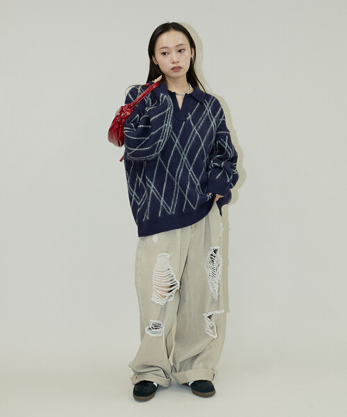 PUBLUX(パブリュクス)の「PUBLUX/パブリュクス チェック柄 モヘアタッチ スキッパーニット 限定展開(ニット/セーター・レディース・ブラウン/ネイビー/グレー・フリ-)」の9枚目の写真
