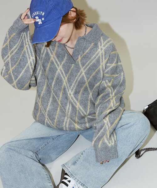 PUBLUX(パブリュクス)の「PUBLUX/パブリュクス チェック柄 モヘアタッチ スキッパーニット 限定展開(ニット/セーター・レディース・ブラウン/ネイビー/グレー・フリ-)」の11枚目の写真