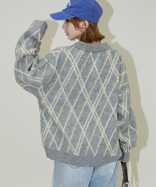 PUBLUX(パブリュクス)の「PUBLUX/パブリュクス チェック柄 モヘアタッチ スキッパーニット 限定展開(ニット/セーター・レディース・ブラウン/ネイビー/グレー・フリ-)」の12枚目の写真