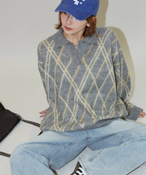 PUBLUX(パブリュクス)の「PUBLUX/パブリュクス チェック柄 モヘアタッチ スキッパーニット 限定展開(ニット/セーター・レディース・ブラウン/ネイビー/グレー・フリ-)」の13枚目の写真