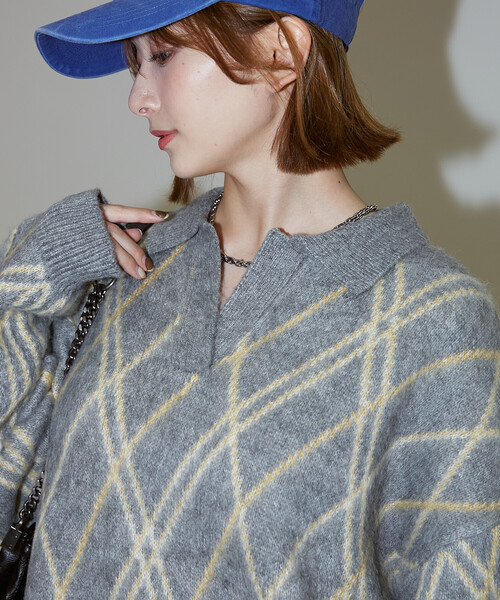 PUBLUX(パブリュクス)の「PUBLUX/パブリュクス チェック柄 モヘアタッチ スキッパーニット 限定展開(ニット/セーター・レディース・ブラウン/ネイビー/グレー・フリ-)」の14枚目の写真