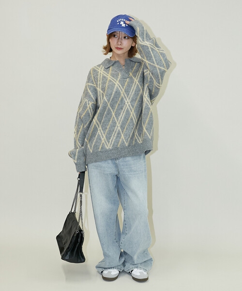 PUBLUX(パブリュクス)の「PUBLUX/パブリュクス チェック柄 モヘアタッチ スキッパーニット 限定展開(ニット/セーター・レディース・ブラウン/ネイビー/グレー・フリ-)」の15枚目の写真
