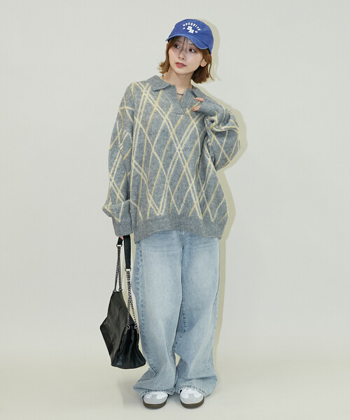 PUBLUX(パブリュクス)の「PUBLUX/パブリュクス チェック柄 モヘアタッチ スキッパーニット 限定展開(ニット/セーター・レディース・ブラウン/ネイビー/グレー・フリ-)」の17枚目の写真