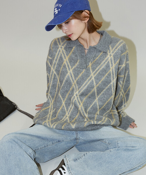 PUBLUX(パブリュクス)の「PUBLUX/パブリュクス チェック柄 モヘアタッチ スキッパーニット 限定展開(ニット/セーター・レディース・ブラウン/ネイビー/グレー・フリ-)」の18枚目の写真