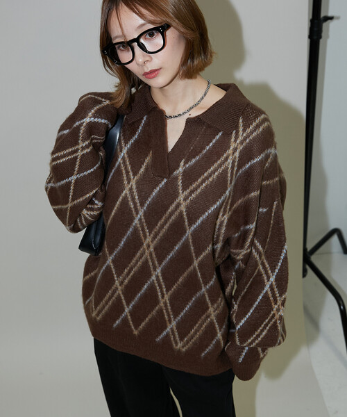 PUBLUX(パブリュクス)の「PUBLUX/パブリュクス チェック柄 モヘアタッチ スキッパーニット 限定展開(ニット/セーター・レディース・ブラウン/ネイビー/グレー・フリ-)」の20枚目の写真