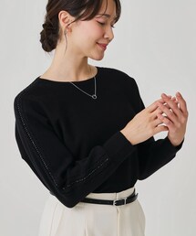 ◆【手洗い可】ケーブルビーズ袖デザインニット