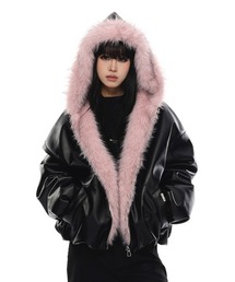 mushwear | ピンクファーフードアウター(ブルゾン)