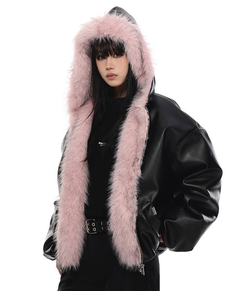 mushwear（マッシュウェア）の「ピンクファーフードアウター（ブルゾン・メンズ・ブラック・MEDIUM/SMALL/LARGE/X-LARGE）」の6枚目の写真