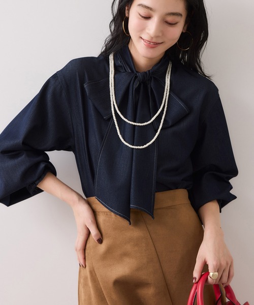 VIS（ビス）の「チェック＆デニムアソートボウタイリボン付きスタンドカラーシャツ（シャツ/ブラウス・レディース・ブラック系その他/オフホワイト/ホワイト/ブルー系その他/サックスブルー・FREE）」の5枚目の写真