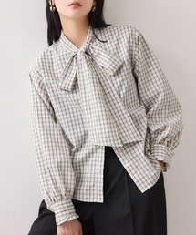 VIS | チェック&デニムアソートボウタイリボン付きスタンドカラーシャツ(シャツ/ブラウス)