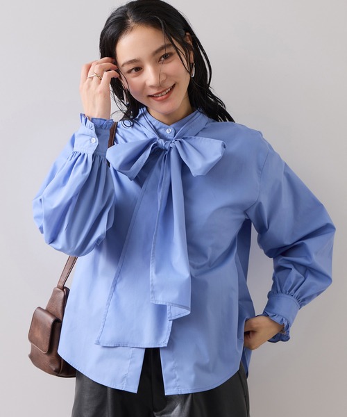 VIS（ビス）の「チェック＆デニムアソートボウタイリボン付きスタンドカラーシャツ（シャツ/ブラウス・レディース・ブラック系その他/オフホワイト/ホワイト/ブルー系その他/サックスブルー・FREE）」の6枚目の写真