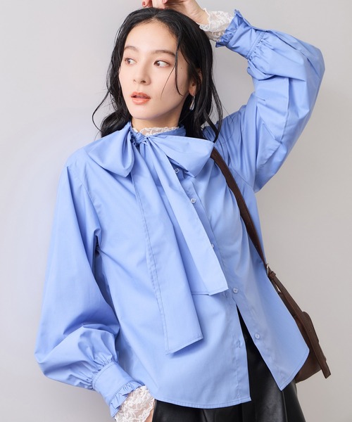 VIS（ビス）の「チェック＆デニムアソートボウタイリボン付きスタンドカラーシャツ（シャツ/ブラウス・レディース・ブラック系その他/オフホワイト/ホワイト/ブルー系その他/サックスブルー・FREE）」の7枚目の写真