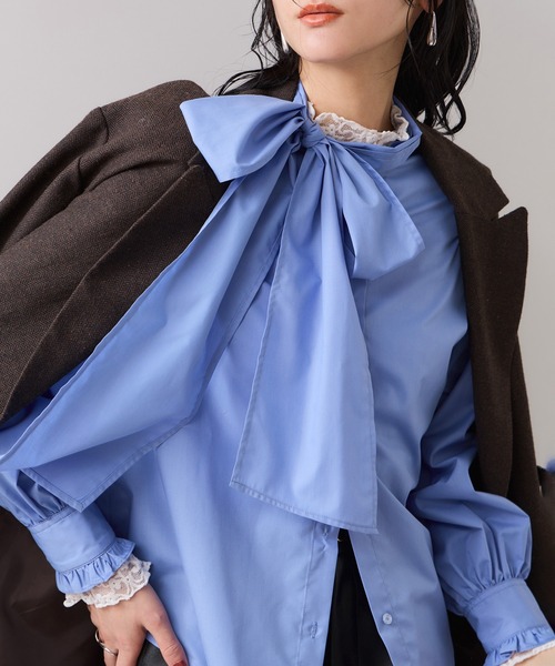 VIS（ビス）の「チェック＆デニムアソートボウタイリボン付きスタンドカラーシャツ（シャツ/ブラウス・レディース・ブラック系その他/オフホワイト/ホワイト/ブルー系その他/サックスブルー・FREE）」の9枚目の写真