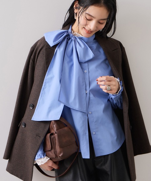 VIS（ビス）の「チェック＆デニムアソートボウタイリボン付きスタンドカラーシャツ（シャツ/ブラウス・レディース・ブラック系その他/オフホワイト/ホワイト/ブルー系その他/サックスブルー・FREE）」の11枚目の写真