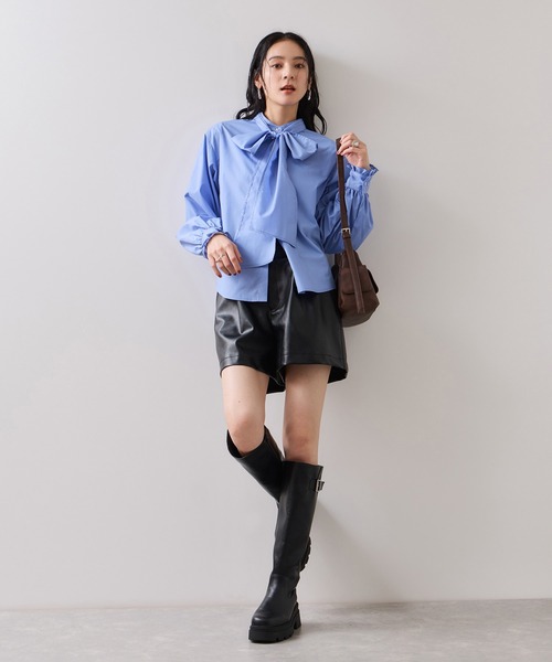 VIS（ビス）の「チェック＆デニムアソートボウタイリボン付きスタンドカラーシャツ（シャツ/ブラウス・レディース・ブラック系その他/オフホワイト/ホワイト/ブルー系その他/サックスブルー・FREE）」の8枚目の写真