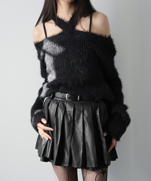 ベルト付きフェイクレザープリーツミニスカート（スカート）｜Ulysses