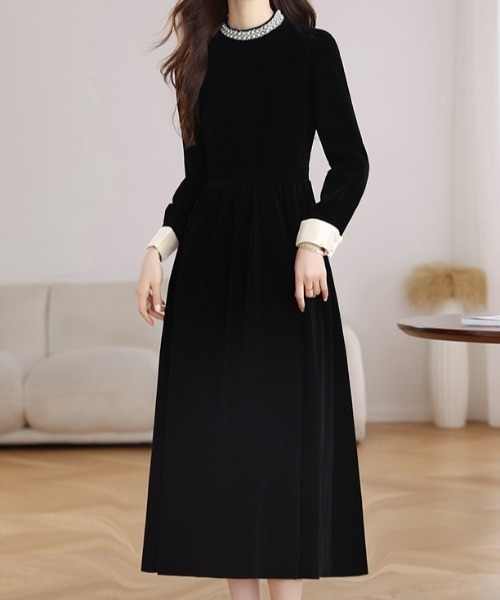 袖配色襟パールデザインベロアワンピース（ワンピース）｜Diosfront