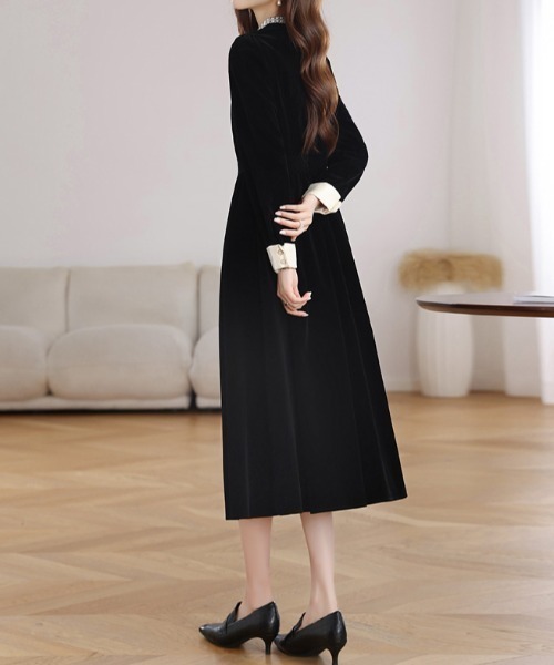 袖配色襟パールデザインベロアワンピース（ワンピース）｜Diosfront