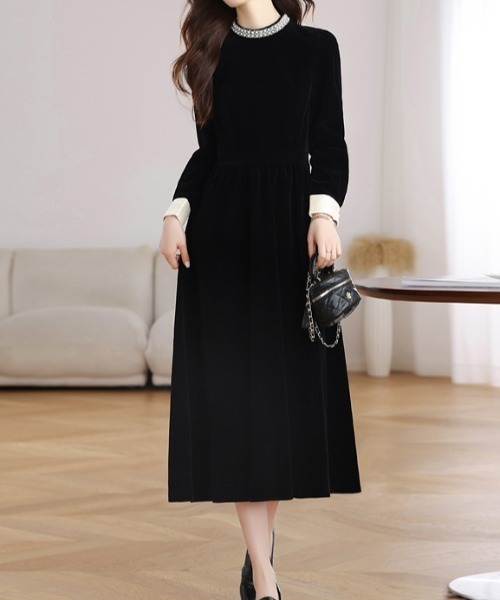 袖配色襟パールデザインベロアワンピース（ワンピース）｜Diosfront