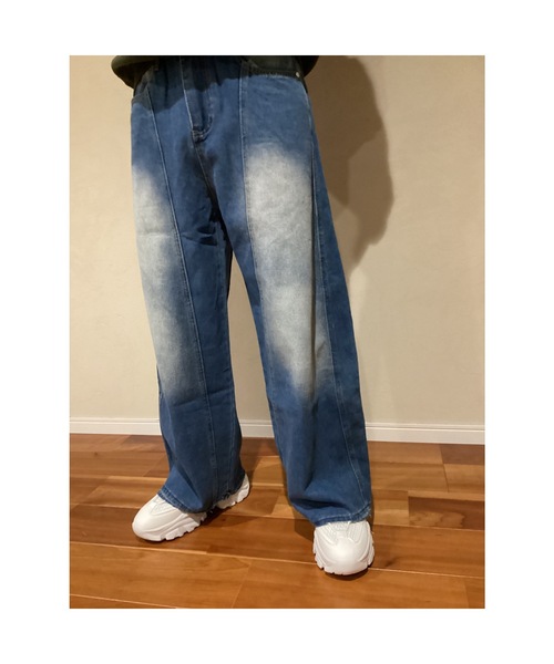Bling Leads(ブリングリーズ)の「【Bls】【Bling Leads】ユーズド加工切替ワイドデニムパンツ(デニムパンツ・メンズ・ブルー・FREE)」の2枚目の写真