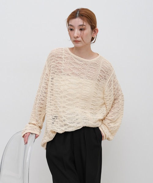 select MOCA(セレクトモカ)の「クルーネックスラブシアーデザインニット(ニット/セーター・レディース・ブラック/アイボリー/ベージュ・FREE)」の7枚目の写真