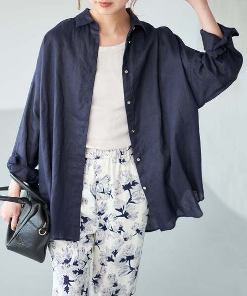 Spick & Span 80 リネンカシュクールビッグシャツ サックスベース 