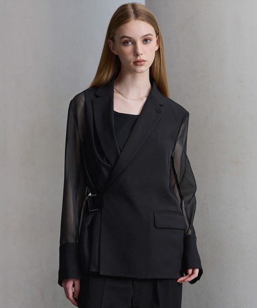 CLEL(�N���C��)�́yCLEL�zAsymmetry Sheer Tailored Jacket / �A�V�����g���[ �V�A�[�e�[���[�h�W���P�b�g(�e�[���[�h�W���P�b�g)