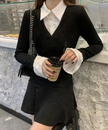 襟付きレイヤード風フレアミニワンピース