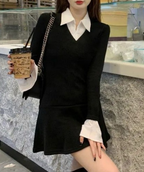 おしゃれスタ(オシャレスタ)の「襟付きレイヤード風フレアミニワンピース(ワンピース・レディース・ブラック・XL/L/M/S)」の2枚目の写真
