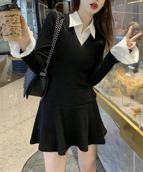 おしゃれスタ(オシャレスタ)の「襟付きレイヤード風フレアミニワンピース(ワンピース・レディース・ブラック・XL/L/M/S)」の3枚目の写真