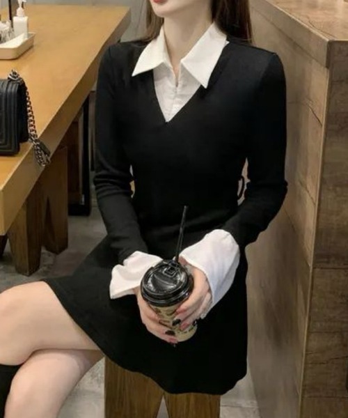 おしゃれスタ(オシャレスタ)の「襟付きレイヤード風フレアミニワンピース(ワンピース・レディース・ブラック・XL/L/M/S)」の7枚目の写真