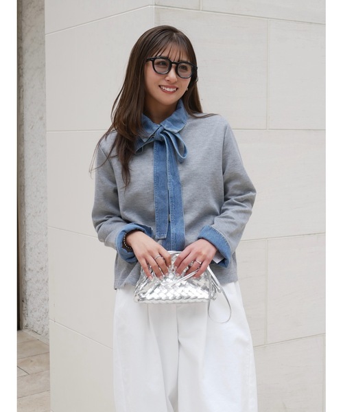 BeBeoD（べベッド）の「デニムリボンドッキングトップス（シャツ/ブラウス・レディース・ブラック/サックスブルー/ネイビー/ライトグレー/サーモンピンク/レッド/グレー/アッシュグレー・フリー）」の5枚目の写真