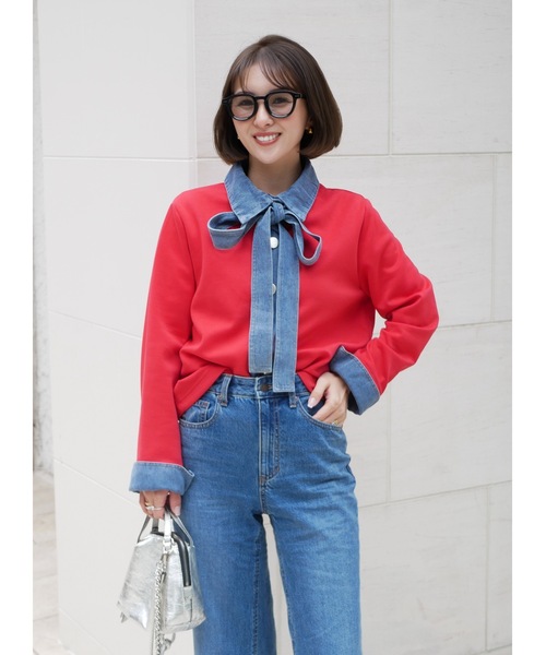 BeBeoD（べベッド）の「デニムリボンドッキングトップス（シャツ/ブラウス・レディース・ブラック/サックスブルー/ネイビー/ライトグレー/サーモンピンク/レッド/グレー/アッシュグレー・フリー）」の8枚目の写真