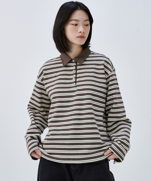 5113 Страйп принт внутренняя ворсовая футболка T‑shirt (brown)