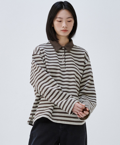 MALOUPE（マロップ）の「5113 ストライプ 裏毛 Tシャツ (ブラウン)（ポロシャツ・レディース・ブラウン・FREE）」の2枚目の写真