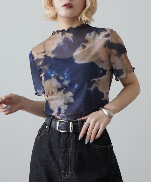 Lui's(ルイス)の「マーブルプリントシアー半袖トップス(Tシャツ/カットソー・レディース・グリーン/オレンジ・FREE)」の2枚目の写真