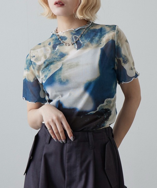 Lui's(ルイス)の「マーブルプリントシアー半袖トップス(Tシャツ/カットソー・レディース・グリーン/オレンジ・FREE)」の4枚目の写真