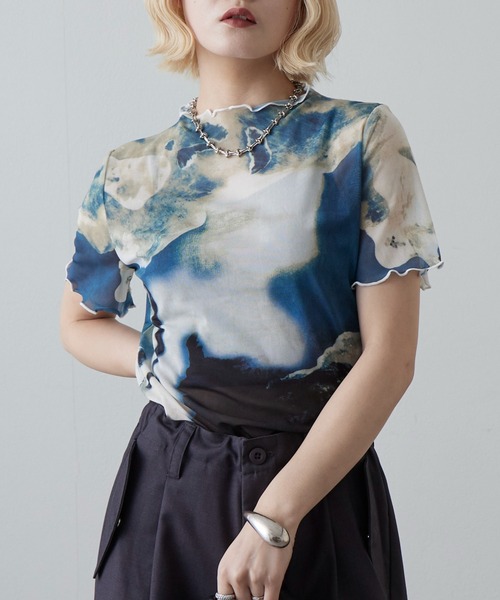 Lui's(ルイス)の「マーブルプリントシアー半袖トップス(Tシャツ/カットソー・レディース・グリーン/オレンジ・FREE)」の3枚目の写真
