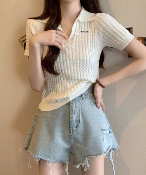 SHEPP(シープ)の「ケーブル編みスキッパーポロニット(ポロシャツ・レディース・レッド/ホワイト/ブラック・F)」の7枚目の写真