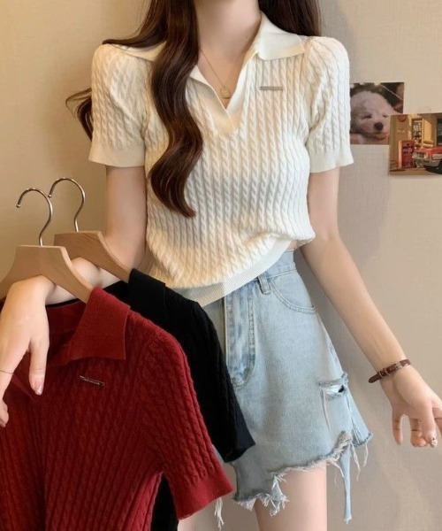 SHEPP(シープ)の「ケーブル編みスキッパーポロニット(ポロシャツ・レディース・レッド/ホワイト/ブラック・F)」の9枚目の写真