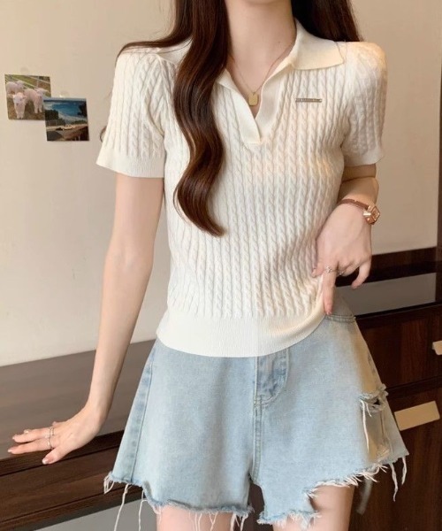 SHEPP(シープ)の「ケーブル編みスキッパーポロニット(ポロシャツ・レディース・レッド/ホワイト/ブラック・F)」の8枚目の写真