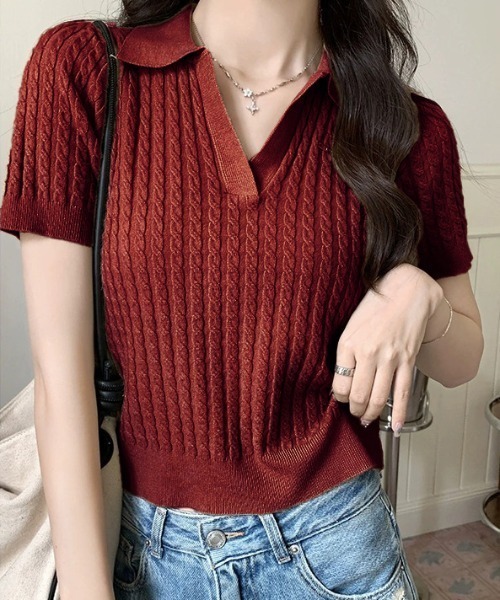 SHEPP(シープ)の「ケーブル編みスキッパーポロニット(ポロシャツ・レディース・レッド/ホワイト/ブラック・F)」の10枚目の写真