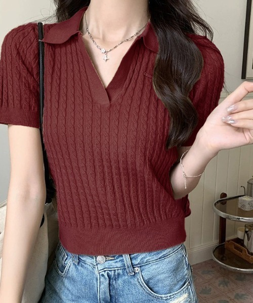 SHEPP(シープ)の「ケーブル編みスキッパーポロニット(ポロシャツ・レディース・レッド/ホワイト/ブラック・F)」の11枚目の写真