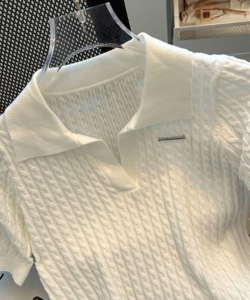 SHEPP(シープ)の「ケーブル編みスキッパーポロニット(ポロシャツ・レディース・レッド/ホワイト/ブラック・F)」の21枚目の写真