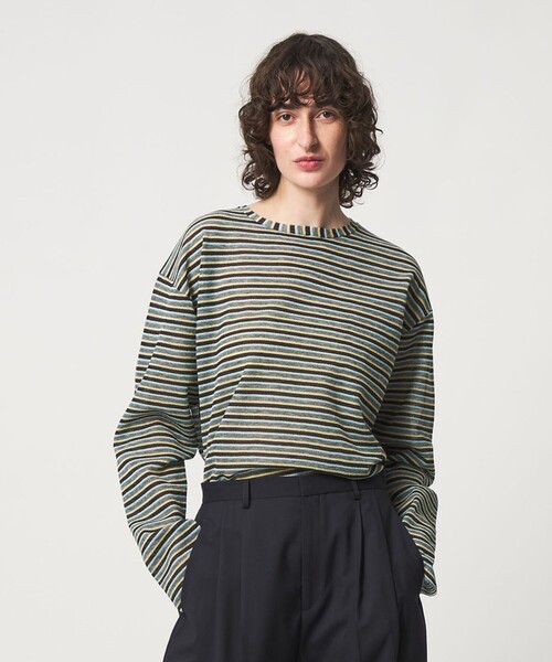 6(ロク)の「<6(ROKU)>ポリエステル麻 ボーダー ニット(ニット/セーター・レディース・グレー系/ホワイト・FREE)」の1枚目の写真